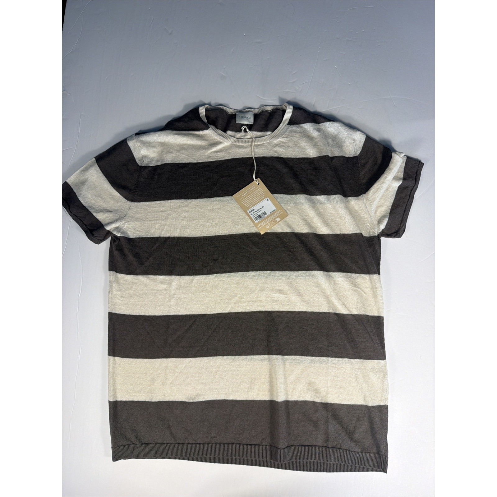 Nwt Velasca Made Italy Linen Cotton Knit T Shirt Mens 44 Us Brown Ecru Stripe — image 2 of 7